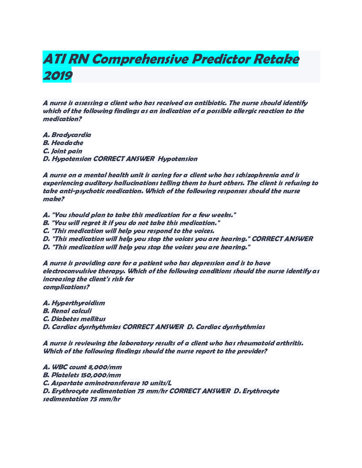 Preview image for ATI RN Comprehensive Predictor Retake 2019